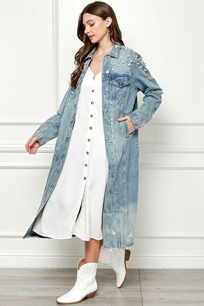 Full Size Distressed Raw Hem Pearl Detail Button Up Jacket