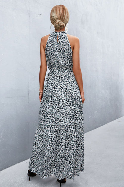 Monet Printed Sleeveless Tie Waist Maxi Dress