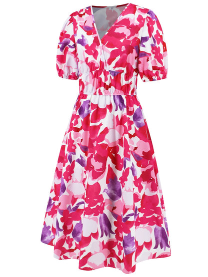 Ruched Floral Printed Short Sleeve Dress