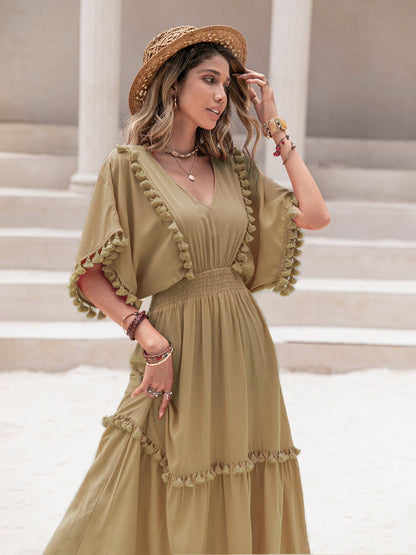 Carmen Tassel Trim Smocked V-Neck Short Sleeve Dress