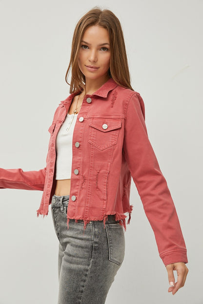 Loren Raw Hem Button Up Cropped Denim Jacket