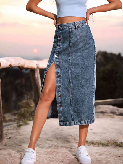 Women's Button Down Split Denim Skirt -  Medium Blue