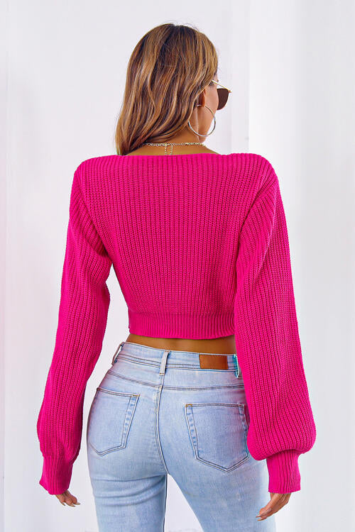 Women's Bow V-Neck Long Sleeve Cropped Sweater