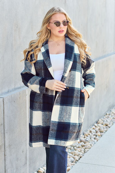 Double Take Plaid Button Up Lapel Collar Coat