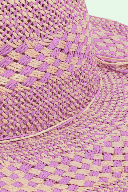 Checkered Straw Weave Sun Hat - Pink
