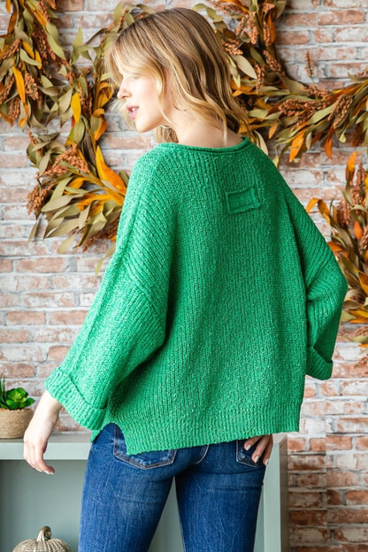 Notched Long Sleeve Sweater - Green