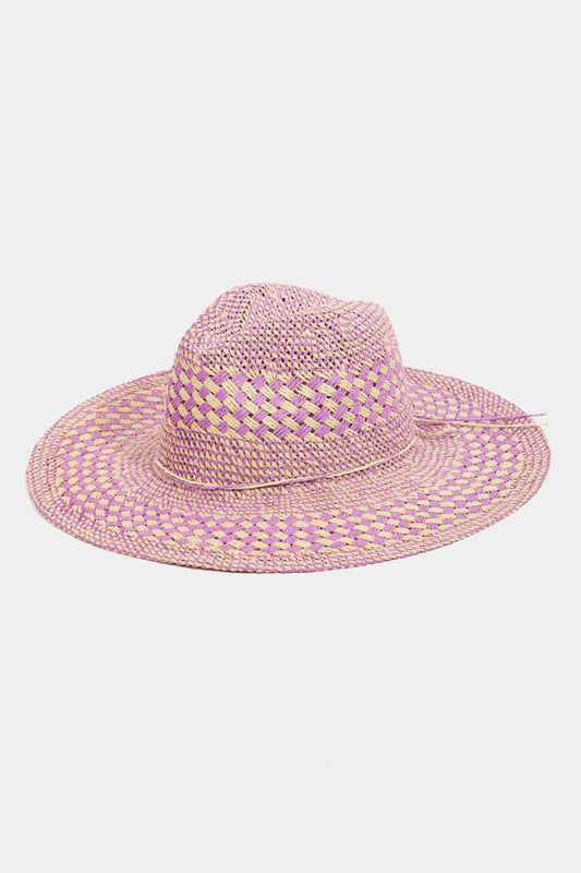 Checkered Straw Weave Sun Hat - Pink
