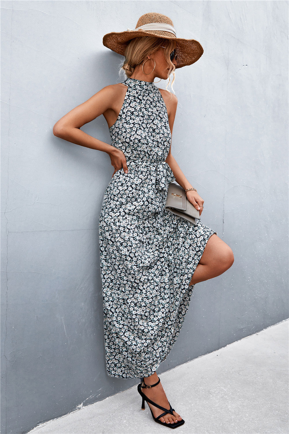 Monet Printed Sleeveless Tie Waist Maxi Dress