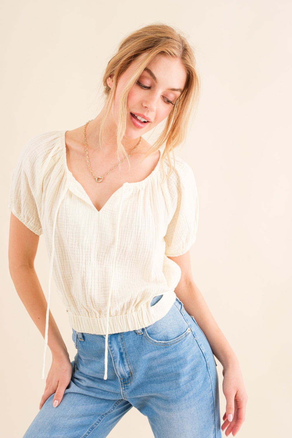 Eryn Cotton Gauze Back Waist Tie Cropped Blouse