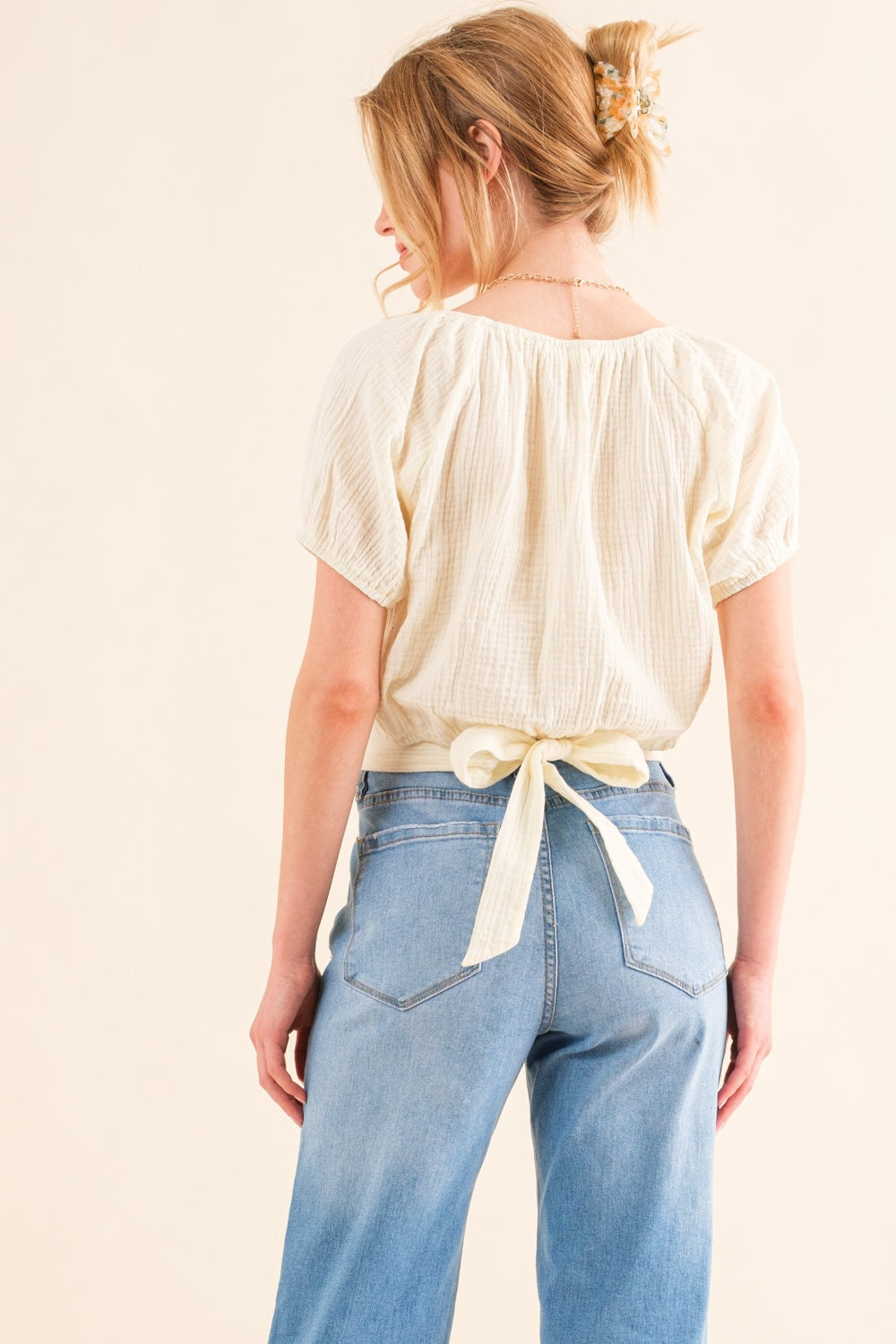 Eryn Cotton Gauze Back Waist Tie Cropped Blouse