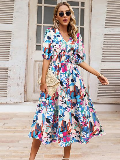 Ruched Floral Printed Short Sleeve Dress