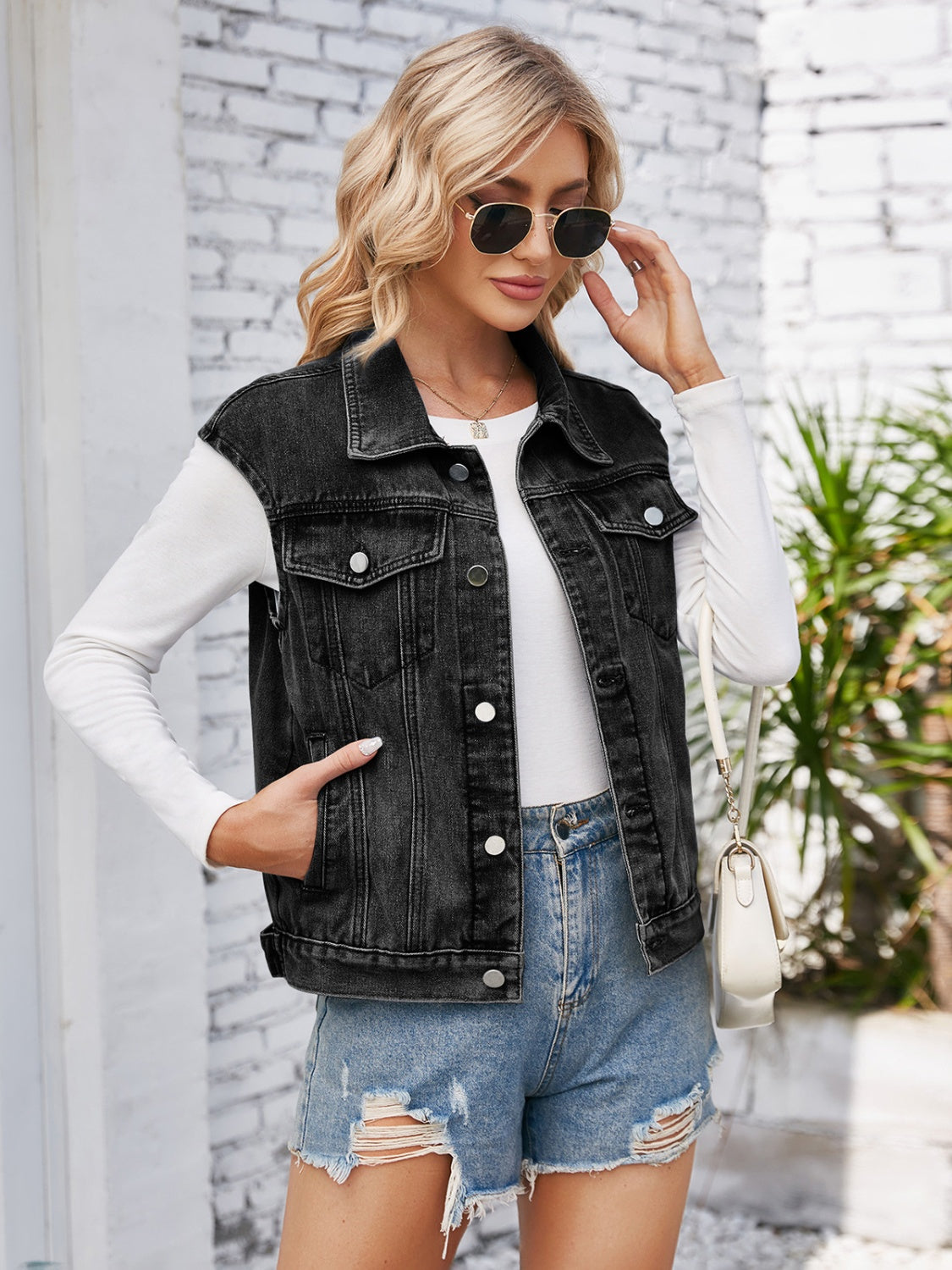 Button Front Cap Sleeve Denim Vest with Pockets