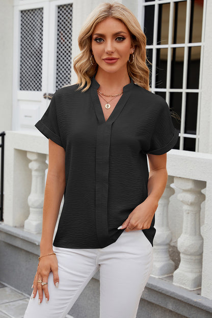 Nordic Notched Short Sleeve Blouse