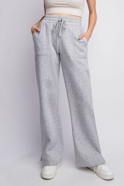 Cotton Full Size Drawstring Straight Leg Slit Sweatpants - Light Heather Gray