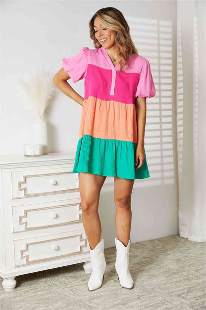 Emmy Color Block Buttoned Puff Sleeve Dress