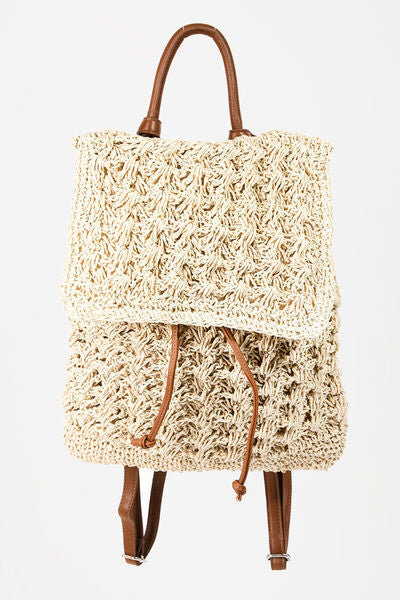 Reema Straw Braided Faux Leather Strap Backpack Bag