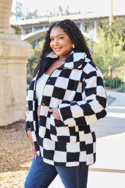 Check Mate Full Size Checkered Button Front Coat with Pockets