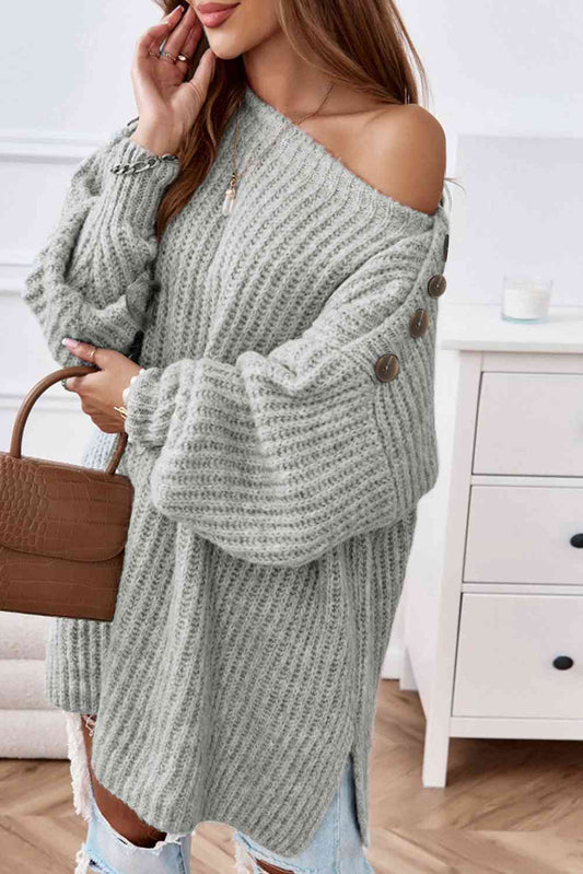 Women's Buttoned Boat Neck Slit Sweater