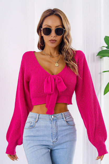 Women's Bow V-Neck Long Sleeve Cropped Sweater