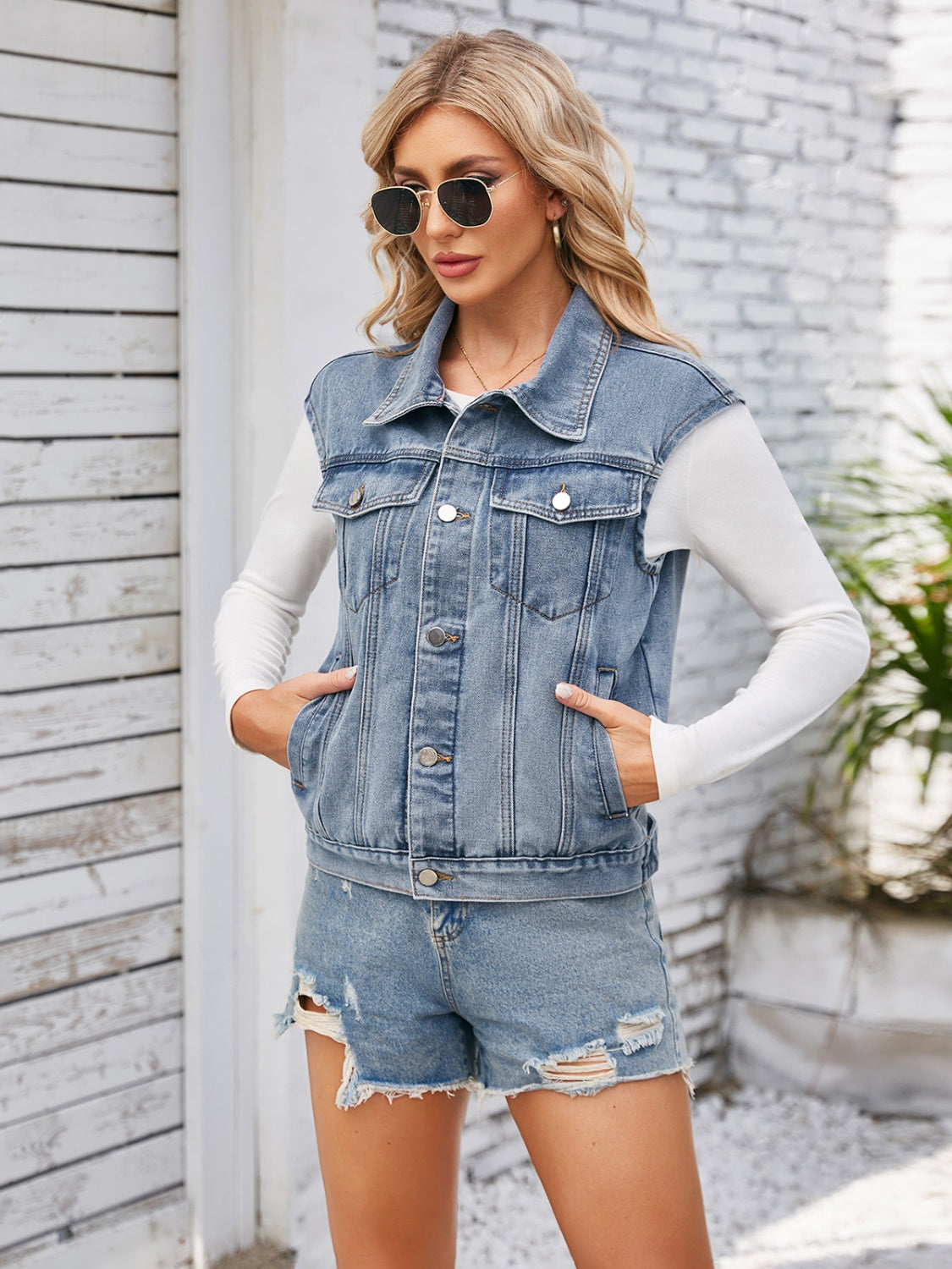 Button Front Cap Sleeve Denim Vest with Pockets