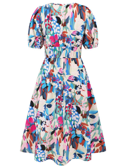 Ruched Floral Printed Short Sleeve Dress