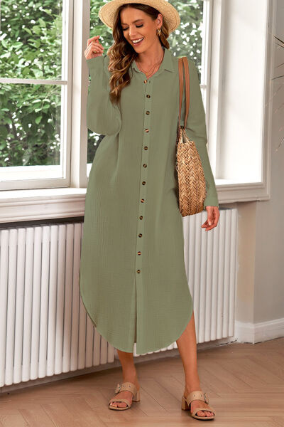 Cotton Button Up Long Sleeve Shirt Dress