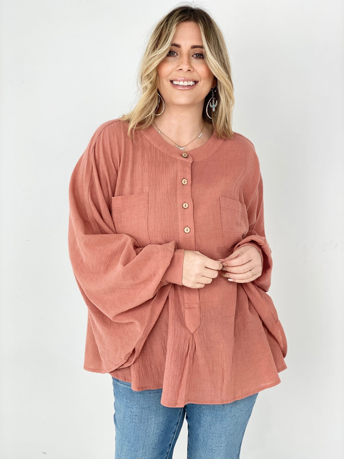 Easel Textured Cotton Linen Oversized Top