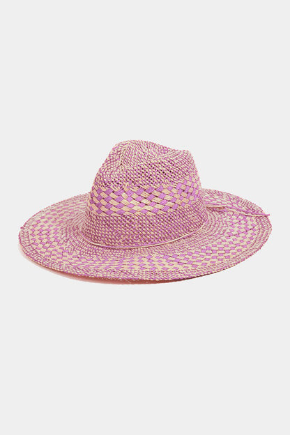 Checkered Straw Weave Sun Hat - Pink