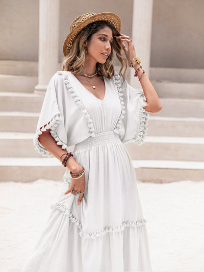 Carmen Tassel Trim Smocked V-Neck Short Sleeve Dress