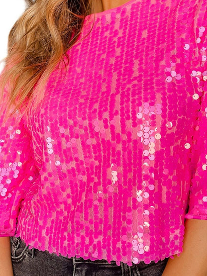 Sequin Round Neck Half Sleeve Blouse - Hot Pink