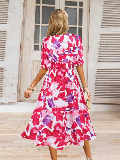 Ruched Floral Printed Short Sleeve Dress