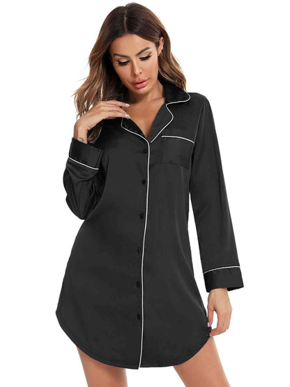 Women's Button Up Lapel Collar Night Dress with Pocket