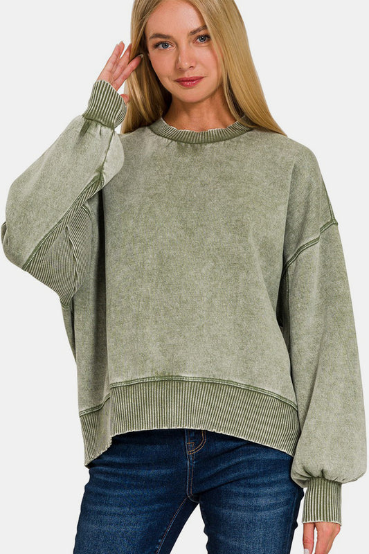 Cotton Round Neck Dropped Shoulder Lantern Sleeve Sweatshirt