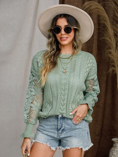 Evy Eyelet Crochet Lantern Sleeve Sweater - Light Olive Green