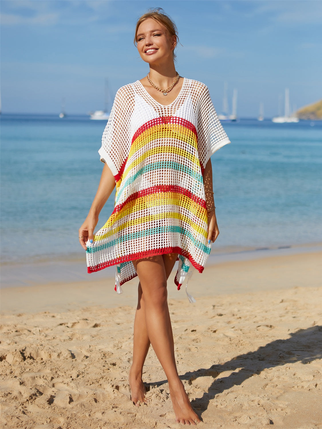 Cutout Striped Swimsuit Cover-Up with Tassel