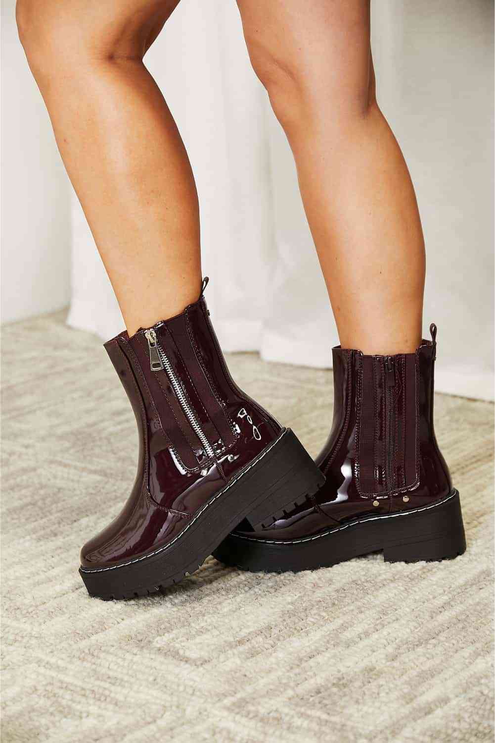 Side Zip Platform Boots - Wine