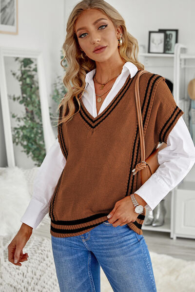 Striped V-Neck Short Sleeve Sweater