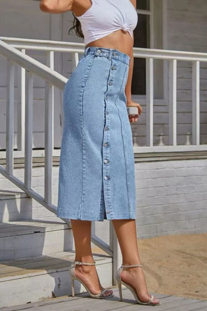 Women's Buttoned Down Split Denim Skirt - Light Blue