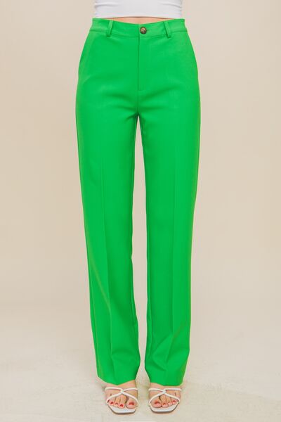 High Waist Straight Pants - Bright Deep Lim Green