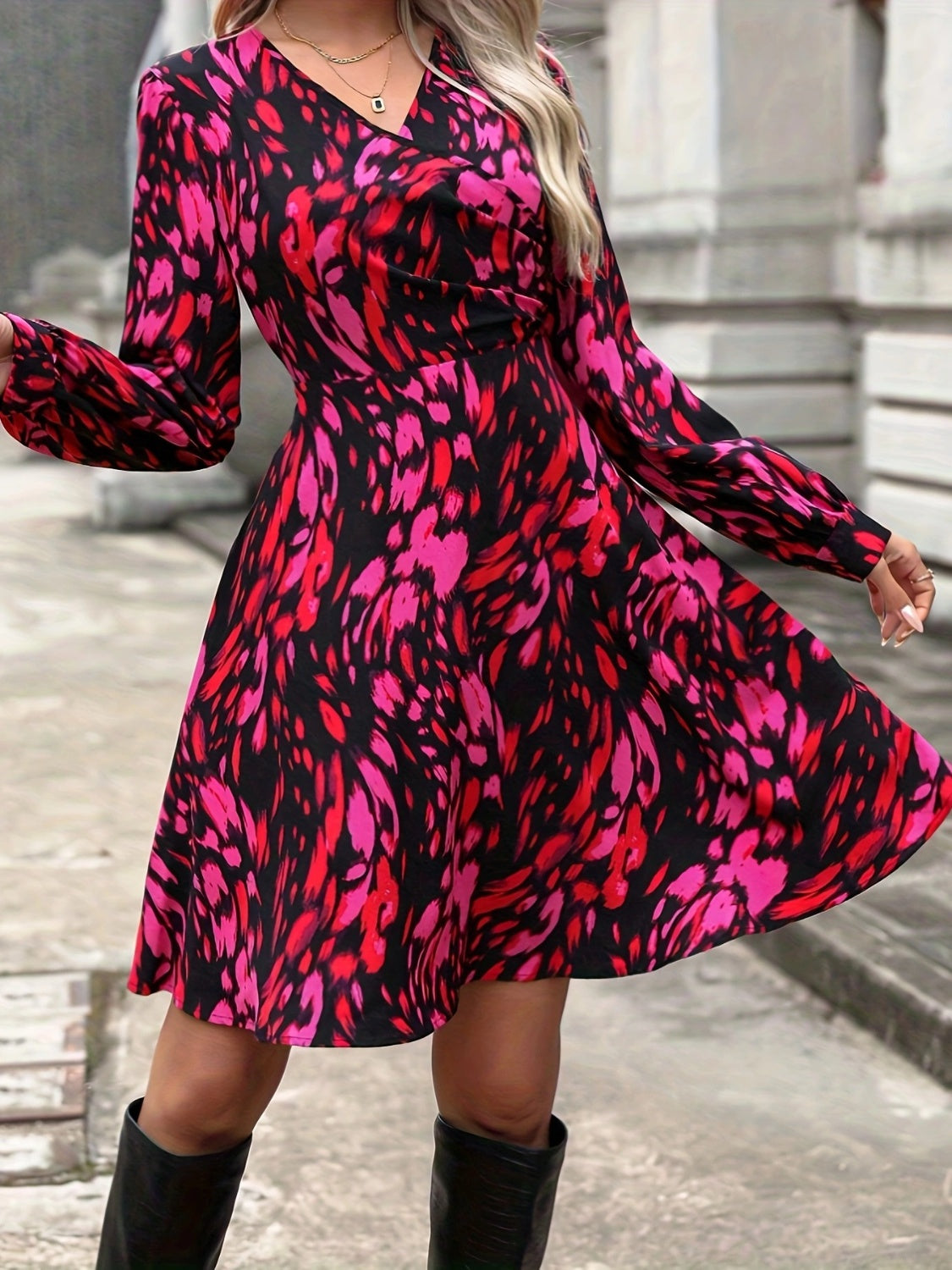 Printed Surplice Long Sleeve Dress