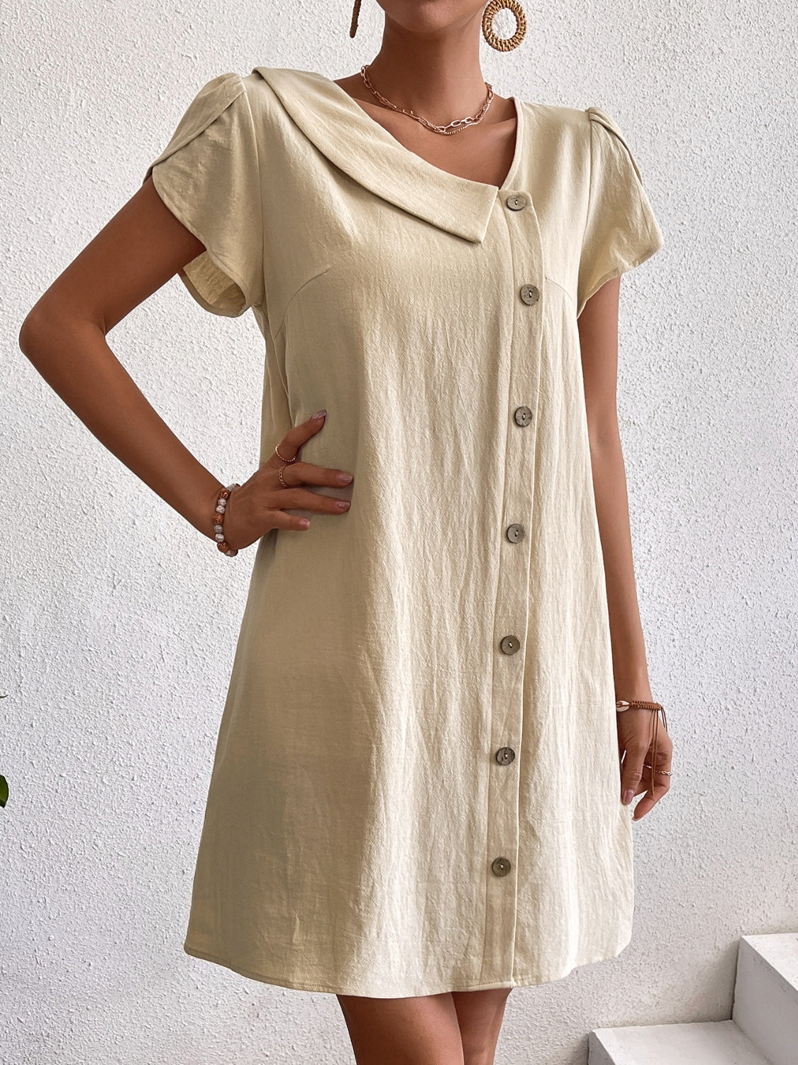 Decorative Button Asymmetrical Neck Short Sleeve Dress