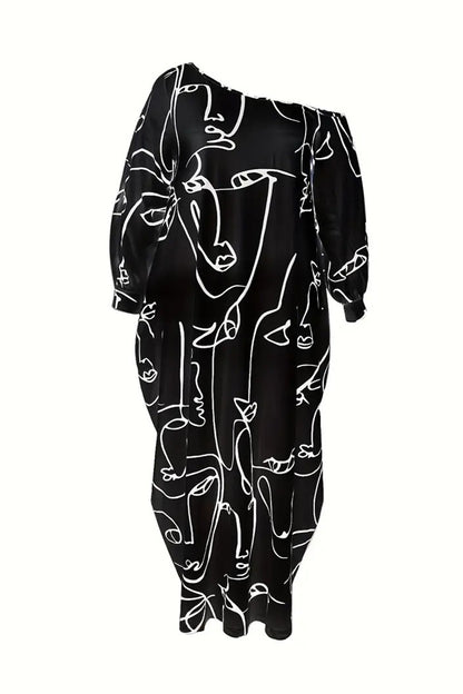 Cara Deco Printed Single Shoulder Lantern Sleeve Maxi Dress