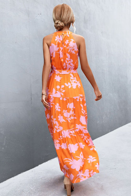 Monet Printed Sleeveless Tie Waist Maxi Dress