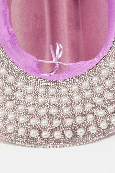 Pavé Rhinestone Pearl Trim Cowboy Hat - Lilac