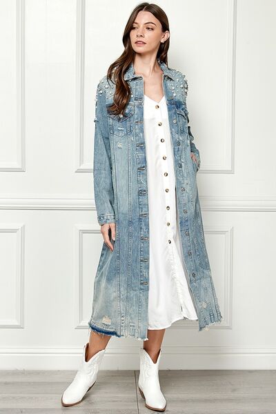 Full Size Distressed Raw Hem Pearl Detail Button Up Jacket