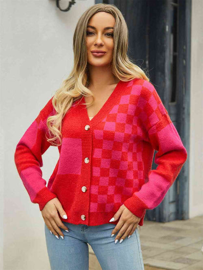 Plaid V-Neck Dropped Shoulder Cardigan