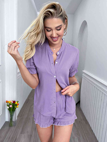 Flounce Sleeve Shirt and Frill Trim Shorts Pajama Lounge Set - Lavender
