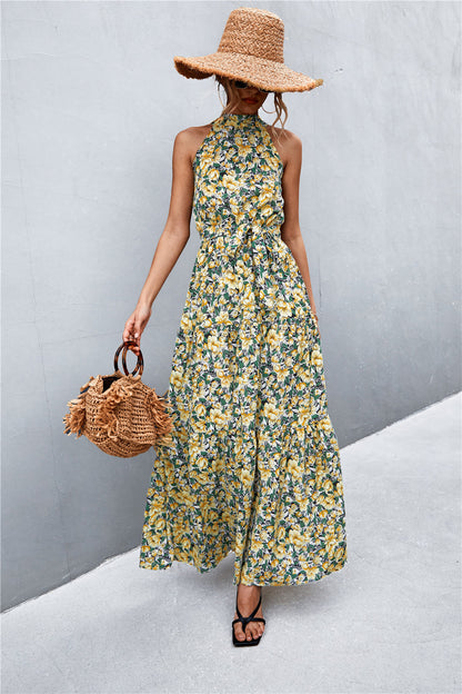 Monet Printed Sleeveless Tie Waist Maxi Dress