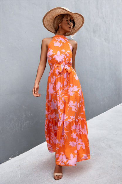 Monet Printed Sleeveless Tie Waist Maxi Dress