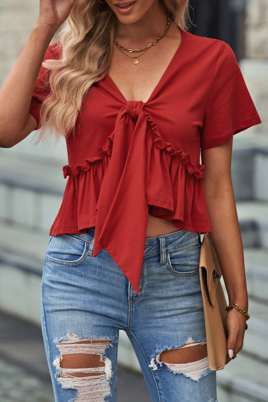 Frill Ruched Cotton V-Neck Short Sleeve T-Shirt
